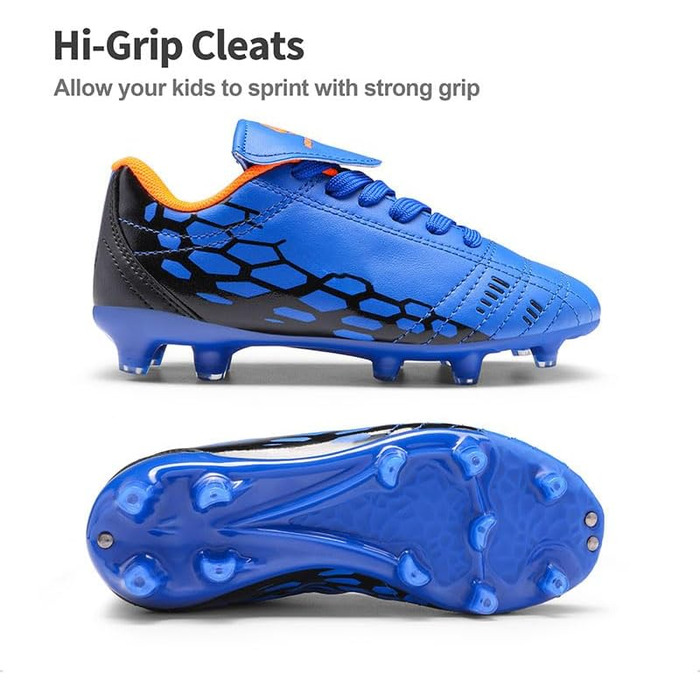 Дрим Пейрс: Дитячі футбольні бутси з низьким верхом та шипами для легкоатлетики, тренувань, бігу та стрибків. Зносостійкі, з міцним зчепленням. Розмір 38.5 EU, Королівський синій та помаранчевий кольори.