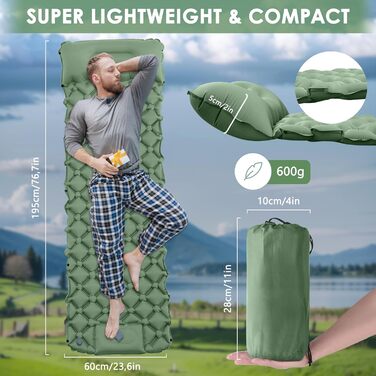 Isomatte HyAdierTech самонадувна туристична, ultralight, з подушкою, для кемпінгу та походів (зелена)