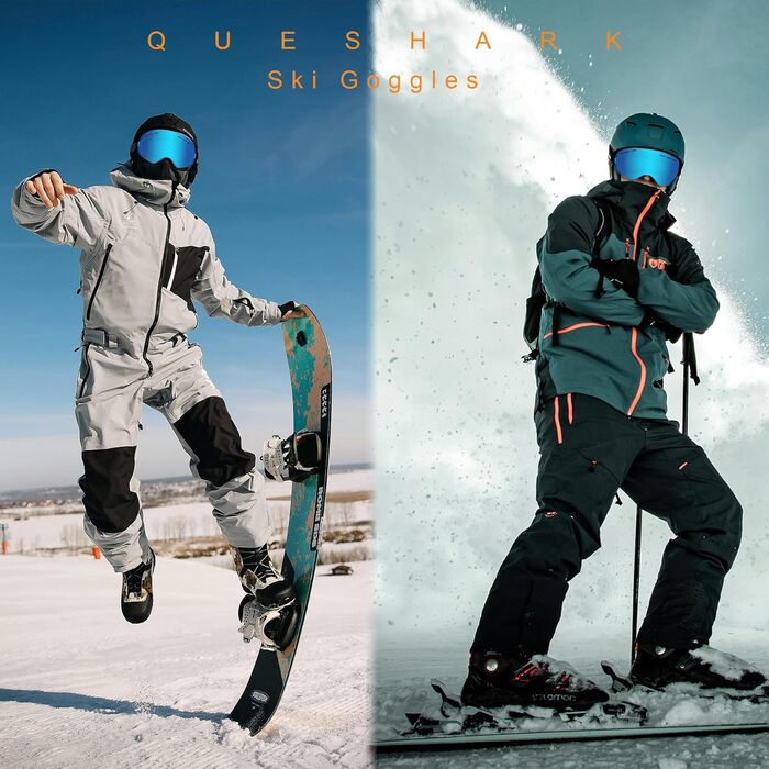 Queshark Скі-маска: подвійна сферична лінза, захист UV400, анти-запітління та анти-відблиск, сумісна з шоломом, для сноуборду та лиж, чорно-коричневий колір (блакитна лінза)