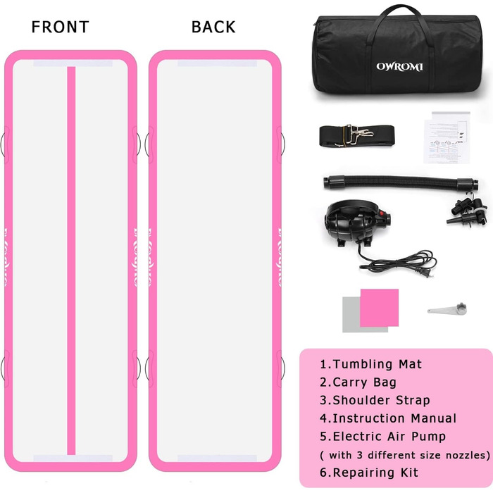 Надувний гімнастичний мат для тамблінгу та акробатики з електричним насосом, рожевий (2*1*0.1м)