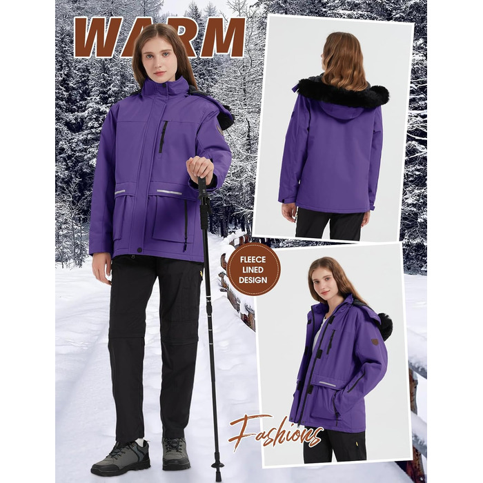 Водонепроникна зимова куртка Voqeen для сноубордингу та лижного спорту з флісовою підкладкою, відстібається капюшон, фіолетовий (L)