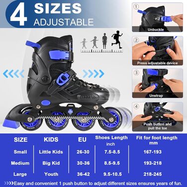 Регульовані ролики для дітей (хлопчики та дівчатка) - чорно-сині, розмір M