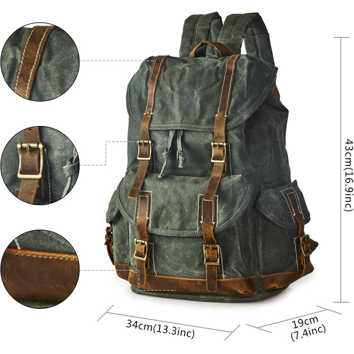Чоловічий рюкзак з вощеного льону та шкіри Crazy Horse BRASS TACKS Leathercraft, водонепроникний, для ноутбука 15.6