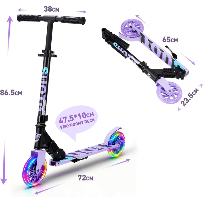 Самокат дитячий SUOTU з колесами 145 мм, до 100 кг, світлодіоди, складаний, регульована висота, алюмінієвий (Чорно-фіолетовий) для хлопчиків та дівчаток 3-12 років