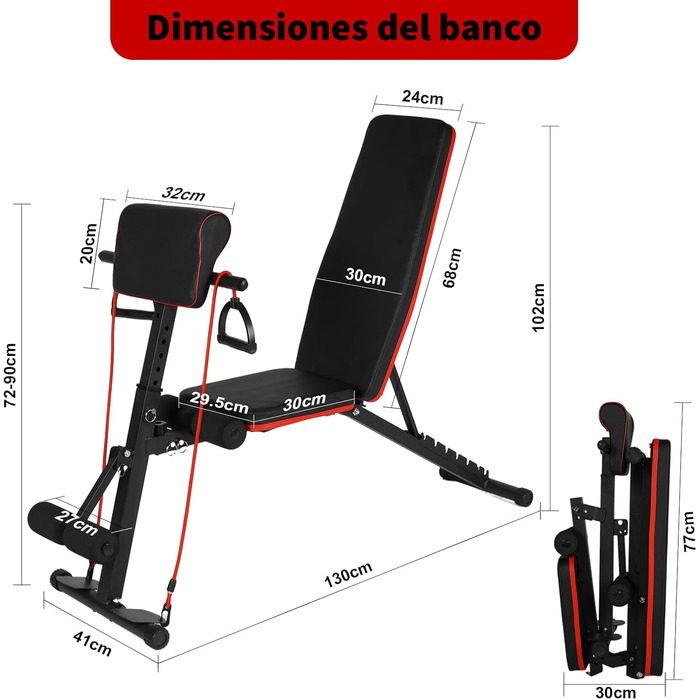 Складана та регульована лавка для тренувань з гантелями, 7 положень, вантажопідйомність 300 кг, з еластичними стрічками та подушкою для біцепса – ідеально для дому