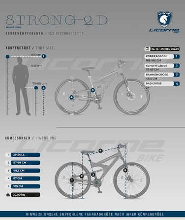 Гірський велосипед Licorne Bike Strong 2D Premium 29 дюймів, дискові гальма, 21 швидкість, повна амортизація, антрацит, для хлопців, дівчат, жінок і чоловіків