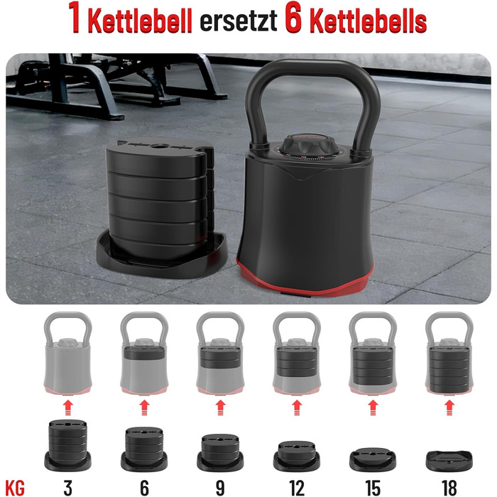 HXD-ERGO Регульована гантель-гиря 6-в-1 (3–18 кг) з швидкою зміною ваги, широким руків'ям, компактна для дому та залу, чорна