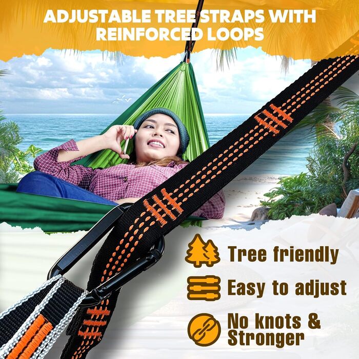 Гамак для кемпінгу NATUREFUN | Легкий, 300 кг, 275x140 см, дихаючий, швидковисихаючий, нейлон, 2 карабіни, 2 петлі, для дому та саду