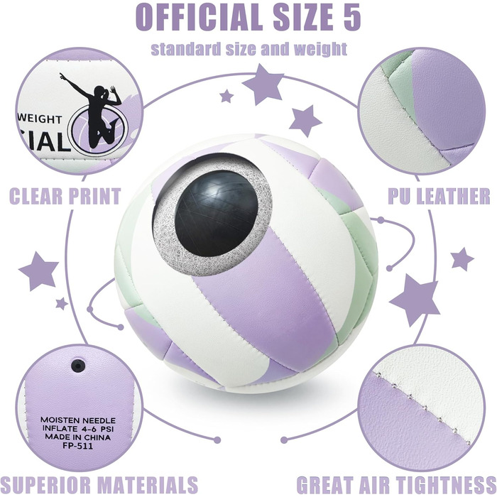 Волейбольний м'яч Fantecia, розмір 5, з насосом. М'який шкіряний волейбольний м'яч для пляжного та залу, ідеальний подарунок для дівчат, підлітків та дорослих. Колір: фіолетовий.