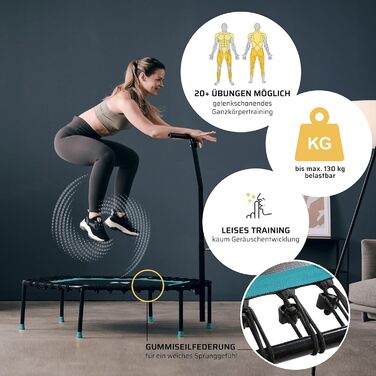 Фітнес батут SportPlus для дому 126 см, тиха гумова підвіска, 5-рівнева ручка, для приміщення, до 130 кг, з безкоштовною підпискою Gymondo