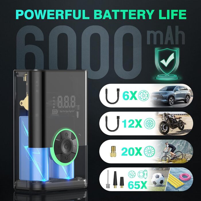 Портативний електричний компресор EVARYOO 6000mAh, 150PSI для авто, мотоциклів, велосипедів, м'ячів, акумуляторна бездротова повітряна помпа