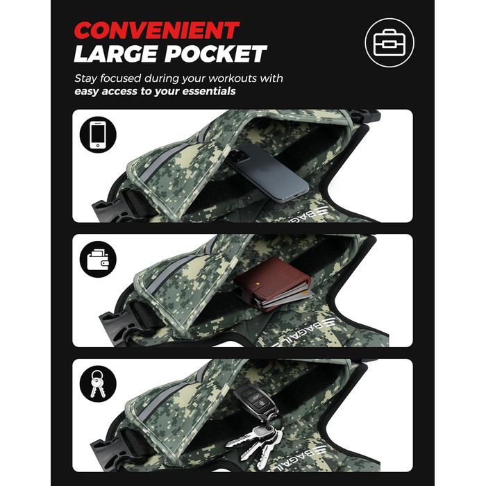 Вага для тренувань BAGAIL: регульована вага, знімні мішки з піском, підходить для чоловіків та жінок, ідеальна для фітнесу та аеробіки (зелений камуфляж, 9.1-14.5 кг)