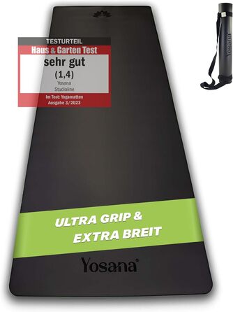Йога мат Yosana з натурального каучуку | надзвичайно неслизький | поверхня ULTRA GRIP з ECO PU | надширокий 68 см | з ремінком для перенесення | мат для йоги 183x68 см | 4 мм товщина | Чорний Лев (Чорний)