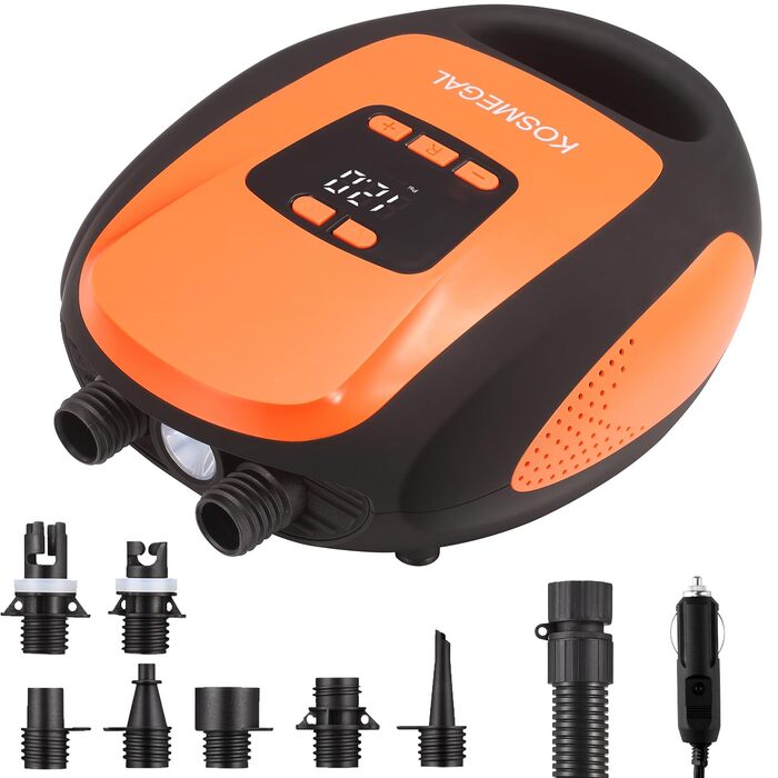 Електричний насос для SUP дошки, 20PSI, портативний, з автовимкненням та здуванням, 12V DC, для SUP, каяків, човнів, помаранчевий
