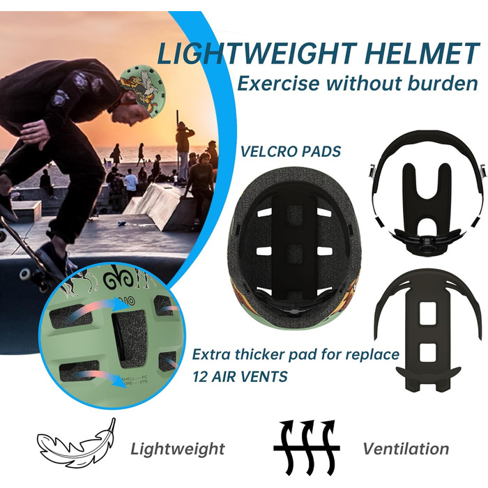 Захисний шолом Skaterhem для скейтборду, електросамокату, BMX (унісекс, регульований, зелений Fabelbestie, розмір M)