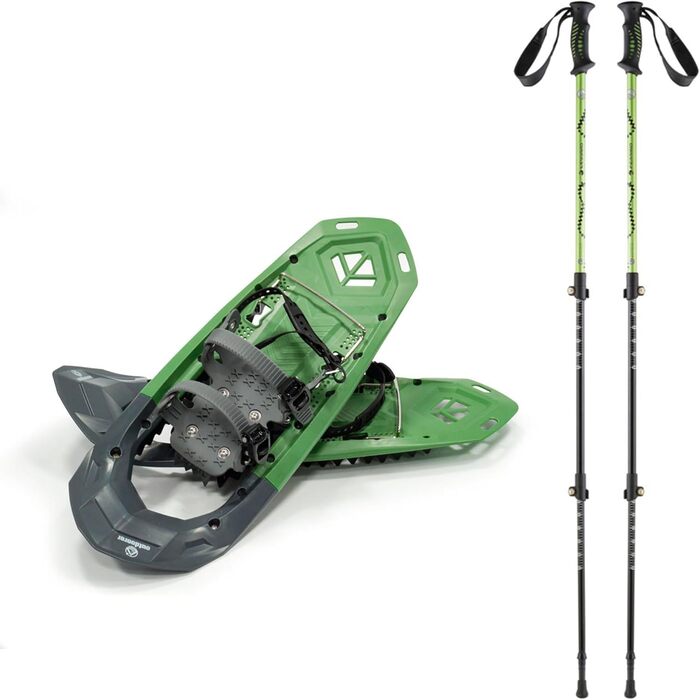 Снігоступи outdoorer SnowClimber M 25 дюймів із підйомником і храповим кріпленням, для активних зимових походів, зелені + алюмінієві палиці