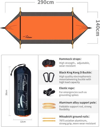 Гамак-намет Travel Bird з москітною сіткою та сонцезахистом, 290x140 см, великий простір, багатофункціональний, легкий, з ременями для кріплення до дерева, підходить для кемпінгу та відпочинку на природі (зелений/помаранчевий)