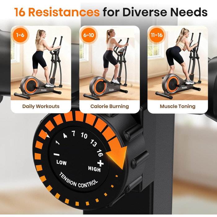 Еліптичний тренажер Niceday для дому, тихий, з магнітним опором, 16 рівнів, крок 39 см, до 150 кг, збірка 90%, Німеччина