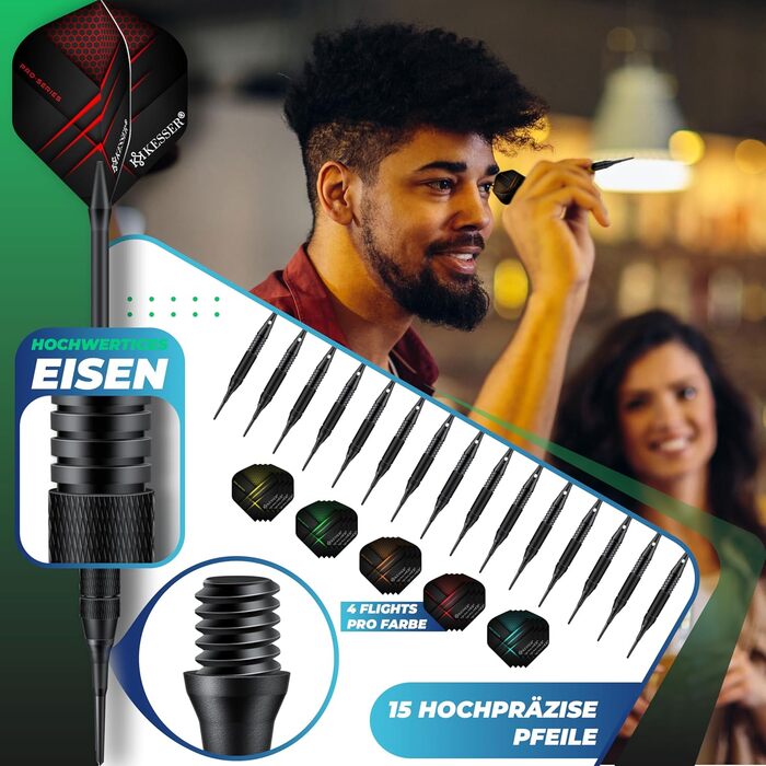 Електронний дартс KESSER® Професійний набір: Дартборд з 15 дротиками, 20 про-флайтами, 100 наконечниками та аксесуарами для 1-8 гравців, LED дисплей, LCD екран