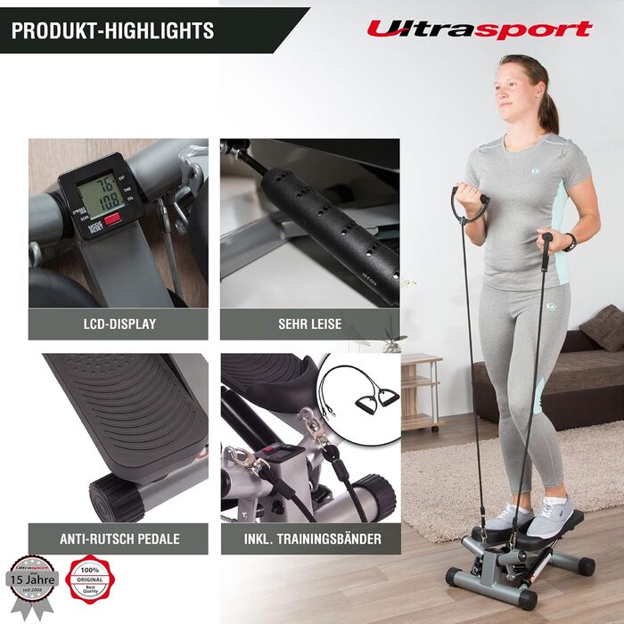 Міні степпер Ultrasport Swing Stepper з еспандерами, фітнес тренажер з комп'ютером для кардіо та зміцнення м'язів