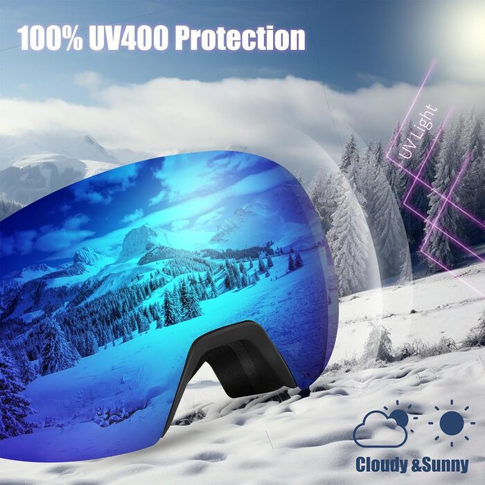 Лижна маска FEISEDY OTG з магнітною змінною лінзою, 100% UV-захист, антифог, для чоловіків і жінок, для окулярів, синя дзеркальна лінза, матовий чорний корпус, для сноуборду, катання на лижах та зимових видів спорту