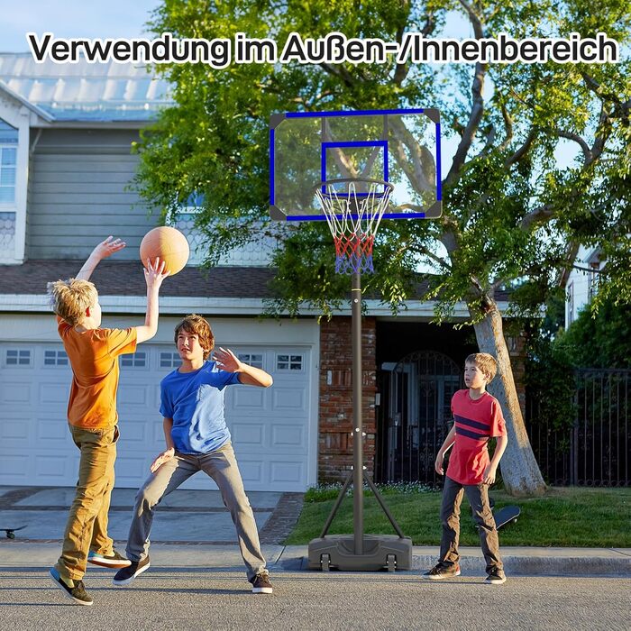 Yohood Баскетбольний кошик для дітей і підлітків, вуличний, переносний на колесах, регульований по висоті 147–260 см, щит 82x53 см із полікарбонату, збільшена база, синій