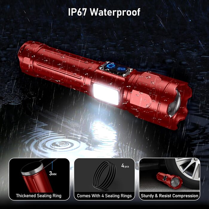 Ліхтар Blukar LED з 2 режимами кольору, головним світлом та COB бічним світлом, перезаряджуваний, надзвичайно яскравий, з плавною регулюванням, з функцією зуму, 7 режимів, водонепроникний, для активного відпочинку та надзвичайних ситуацій (каштанового кол