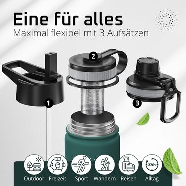 Фляга для води ACTIVE FLASK з нержавіючої сталі + соломинка (3 кришки) BPA-free, не протікає, підходить для газованої води - спортивна фляга, термофляга, ізотермос, для дітей, 680 мл, Темний Teal