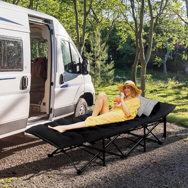 Кемпінгове ліжко Bonnlo розкладне з матрацом – ліжко для риболовлі, відпочинку на природі, у саду, на пляжі, 190x71x36 см (Чорний)