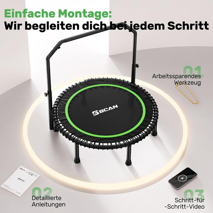 Міні-батут BCAN для дорослих, 102/122 см, до 204/250 кг, з бунжеєвими тросами, регульованою ручкою, стабільний, тихий, для дому та вулиці, тренування всього тіла, релаксація