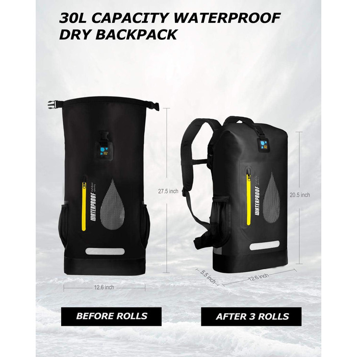 Водонепроникний рюкзак IDRYBAG 30L, PVC, для каякінгу, кану, кемпінгу, туризму (Чорний)