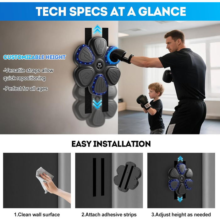 Музична боксерська машина: тренажер для боксу вдома з Bluetooth, LED та акумулятором 1200mAh