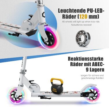 Самокат дитячий Roller 2-колісний, складаний, з LED-підсвічуванням коліс, регульована висота (3 положення), білий, для хлопчиків та дівчаток 3-12 років