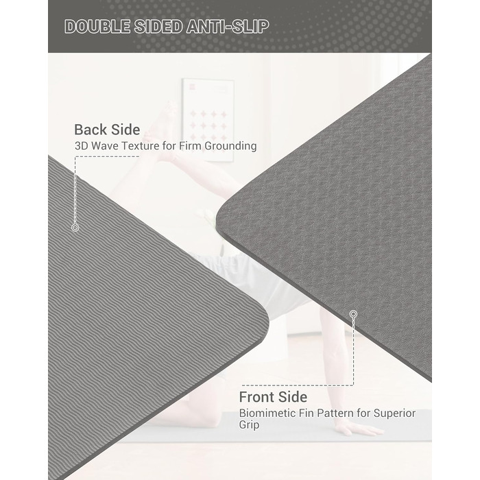 Килимок для гімнастики, йоги та фітнесу. Спортивний килимок для тренувань, пілатесу, з ручкою для перенесення, 183 x 61 x 0.6 см, сірий