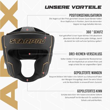 Захист голови для боксу Starpro - преміум-захист для спарингу з повним обличчям, легкий дизайн та оптимальна посадка для максимальної безпеки, чорний/золотий, розмір M