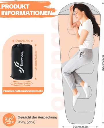 Сплячий мішок Sportneer - компактний та ультралегкий (950г/1500г) - кокон для відпочинку на природі, літній спальний мішок / 3-4 сезони для чоловіків, жінок, дорослих, помаранчевий колір. Підходить для кемпінгу та відпочинку на природі.
