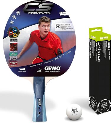 GEWO Ракетка для настільного тенісу CS Energy Control, професійна, ITTF, контроль, висока обертальність, готова, опукла ручка, губка 1,8 мм