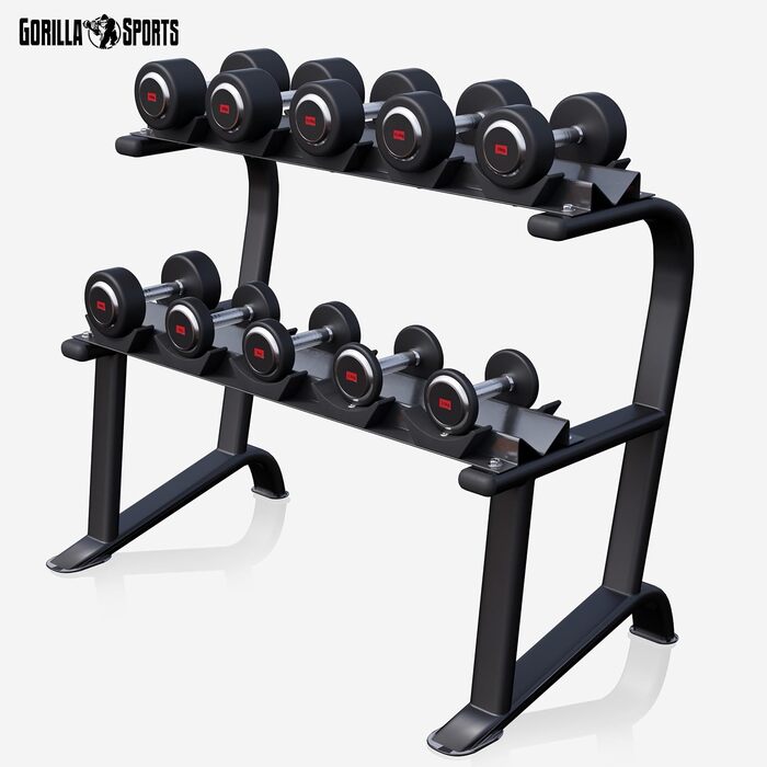 Стійка для гантелей GORILLA SPORTS, 2-рівнева, 121x65x100 см, до 250 кг, сталева, підставка для гантелей, органайзер для гантелей