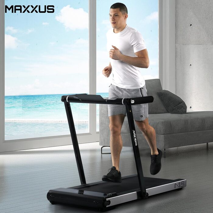 Бігова доріжка MAXXUS M8 електрична 2 к.с. 12 км/год, 125x45 см, Bluetooth, LCD, додаток, складна, тримач для планшета, фітнес для дому та офісу, червона/срібляста/бронзова