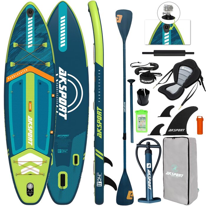 SUP дошка AKSPORT 11' надувна з повним комплектом аксесуарів, 34 дюйми, антиковзке покриття, для дорослих та підлітків (блакитно-зелена)