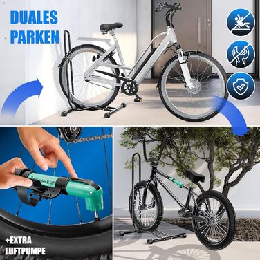 Підставка для велосипеда KESSER® для MTB, E-Bike, Citybike, шосе, з повітряним насосом | Рейс-стійка, для шини до 65мм | Чорний колір