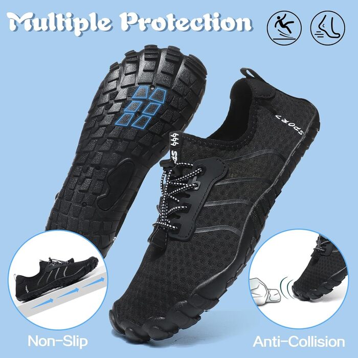 Чоловічі та жіночі аквашузи для плавання та серфінгу, швидко сохнуть, чорні, 42 EU