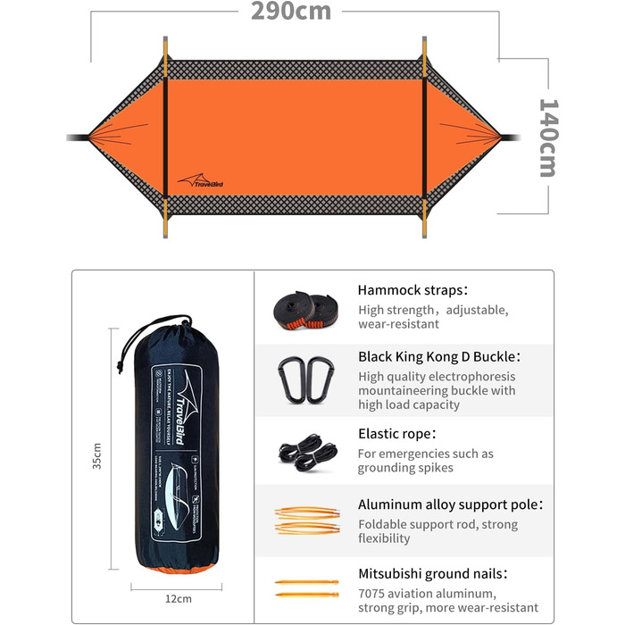 Гамак-намет Travel Bird з москітною сіткою та сонцезахистом, 290x140 см, великий простір, багатофункціональний, легкий, з ременями для кріплення до дерева, підходить для кемпінгу та відпочинку на природі (зелений/помаранчевий)