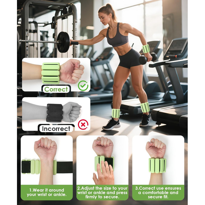 Регульовані вантажні манжети для зап'ястя (2 шт, по 0,45 кг), довговічні, портативні, для йоги, танців, пілатесу, кардіо, аеробіки, ходьби, зелені