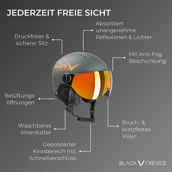 Дитячий лижний шолом Black Crevice Leogang з візором, пілотний стиль, для хлопчиків та дівчат, дихаючий, регульований розмір XXS (48-52 см), матовий сірий/оранжевий