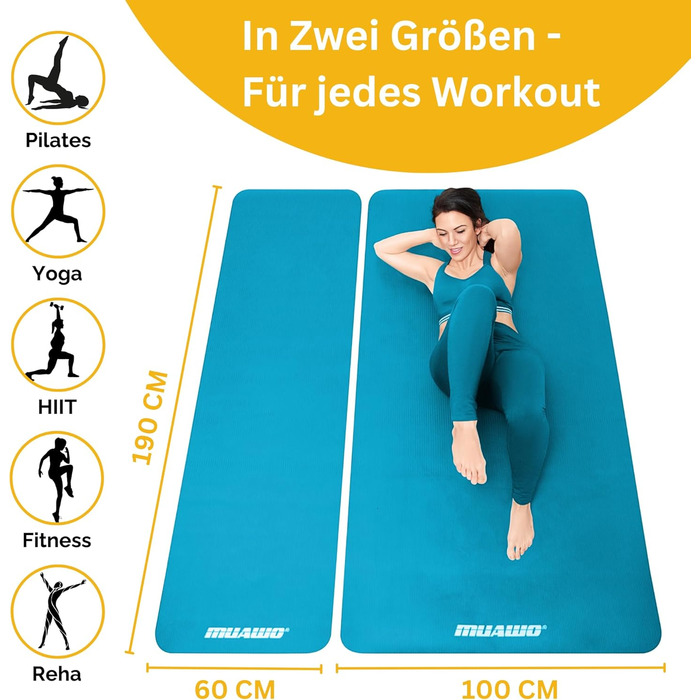Мат для тренувань Muawo Premium: фітнес, йога, гімнастика | антиковзаюча, товста, довга | 190 x 100 x 1,5 см