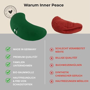 Подушка для йоги та медитації Inner Peace Halbmond 42x20 см, бавовна Біо, зелений (Waldgrün), наповнювач лузга гречки, знімний чохол