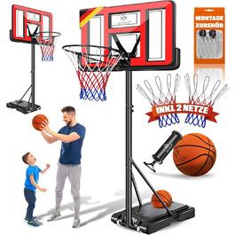 Баскетбольний кошик KESSER® Outdoor зі стійкою та колесами. В комплекті: 2 сітки, м'яч та насос. Регульована висота 230-305 см. Підходить для дітей та дорослих (червоний)