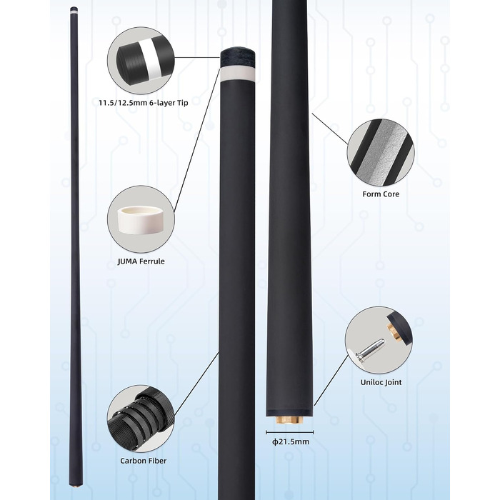 Карбоновий шафт для більярдного кия KONLLEN Low Deflection з Pro-Taper, 11.5/12.5 мм, з'єднання Uni-Loc, 74 см, чорний