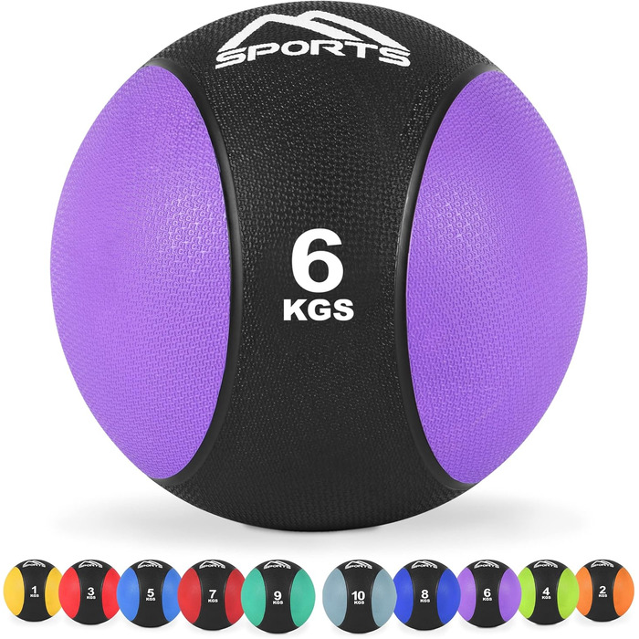 MSPORTS Медичний м'яч 6 кг, професійний, фіолетовий, для фітнесу та гімнастики, з постером вправ